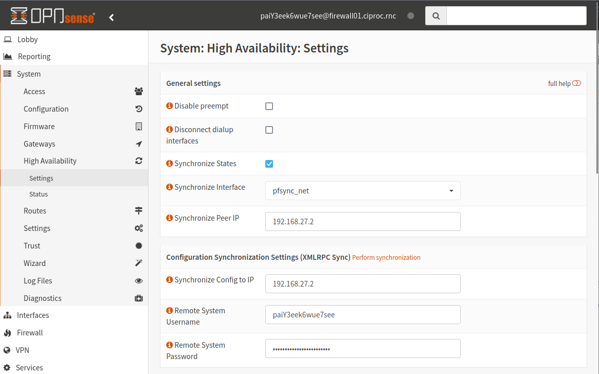 OpnSense High Availability Settings