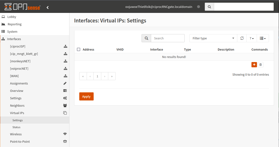 OpnSense Virtual IPs Settings page