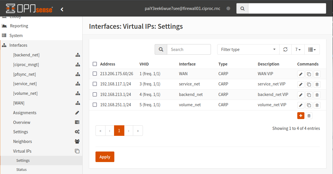 OpnSense Virtual IPs Settings list master