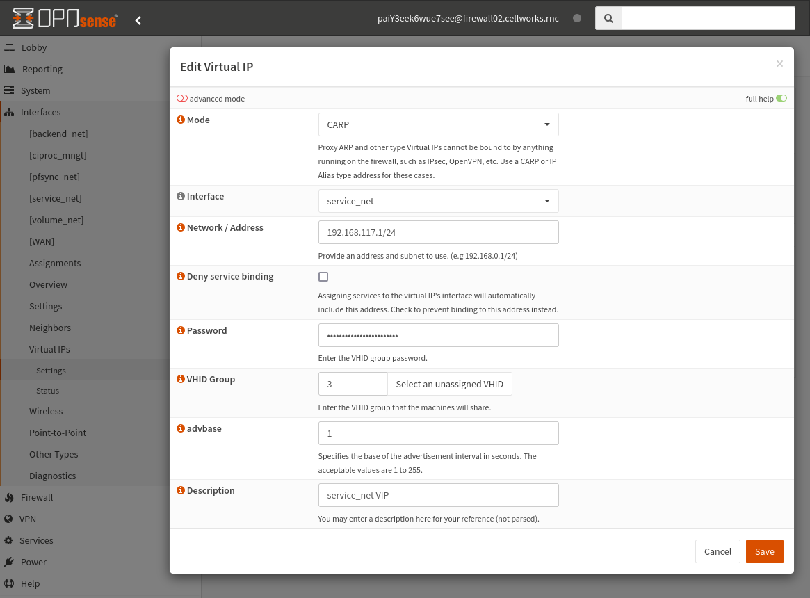 OpnSense Virtual IPs VIP settings service_net